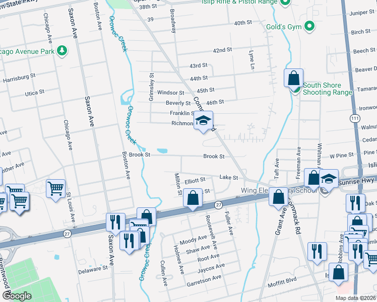 map of restaurants, bars, coffee shops, grocery stores, and more near 75 Brook Street in Islip
