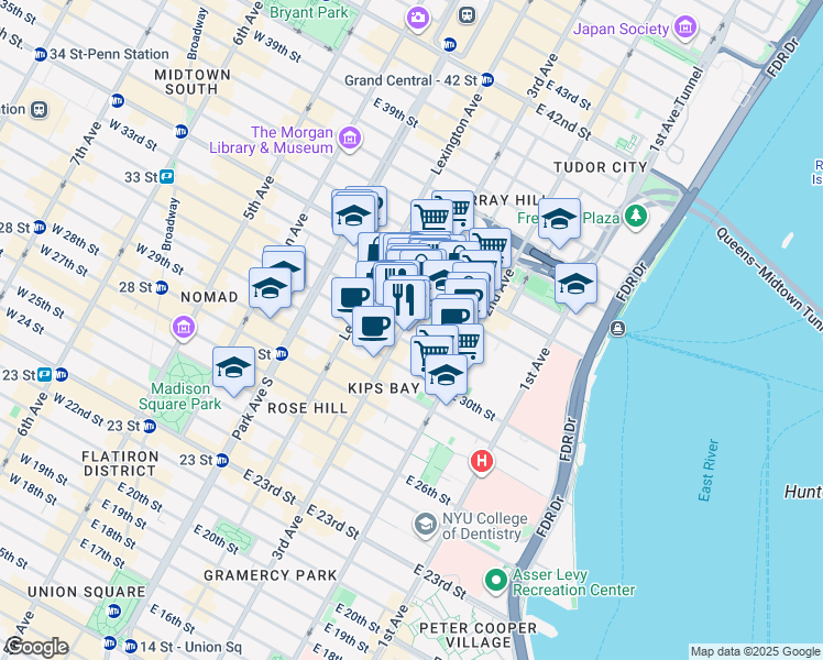 map of restaurants, bars, coffee shops, grocery stores, and more near 200 East 32nd Street in New York