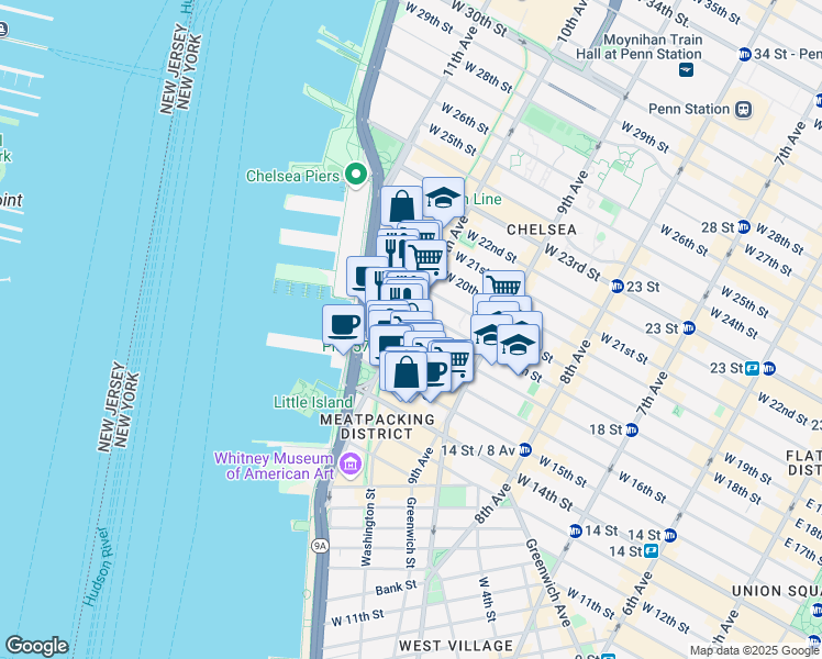 map of restaurants, bars, coffee shops, grocery stores, and more near 501 West 17th Street in New York
