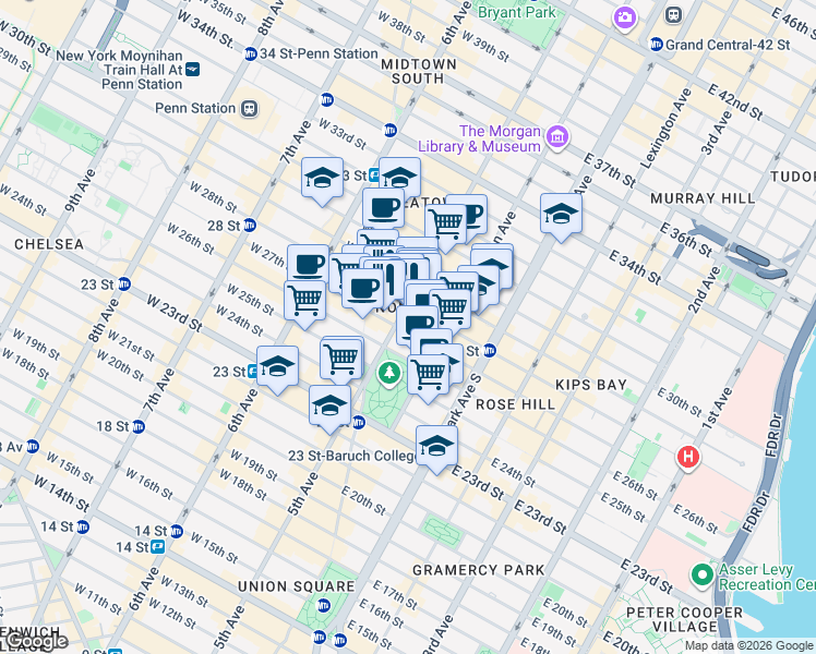 map of restaurants, bars, coffee shops, grocery stores, and more near 233 5th Avenue in New York