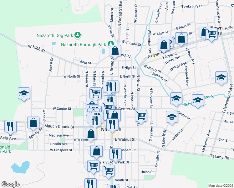 map of restaurants, bars, coffee shops, grocery stores, and more near 115 East Chestnut Street in Nazareth
