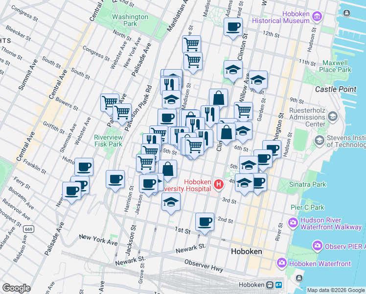 map of restaurants, bars, coffee shops, grocery stores, and more near 525 Madison Street in Hoboken