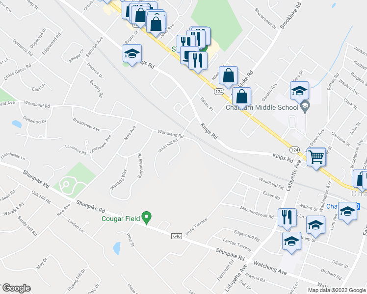 map of restaurants, bars, coffee shops, grocery stores, and more near 10 Woodland Road in Madison