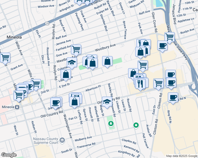 map of restaurants, bars, coffee shops, grocery stores, and more near 167 East 2nd Street in Mineola