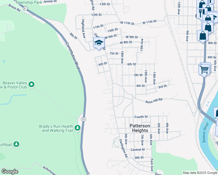 map of restaurants, bars, coffee shops, grocery stores, and more near 2 York Place in Beaver Falls
