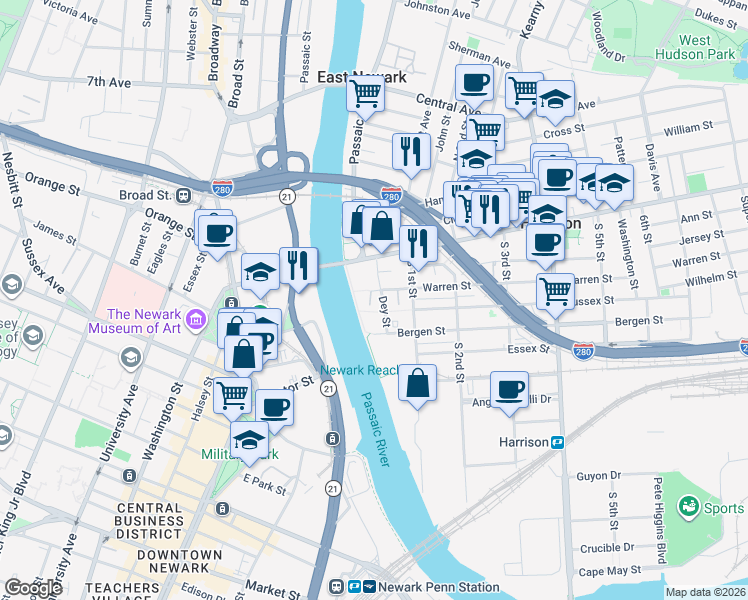 map of restaurants, bars, coffee shops, grocery stores, and more near 201 Dey Street in Harrison
