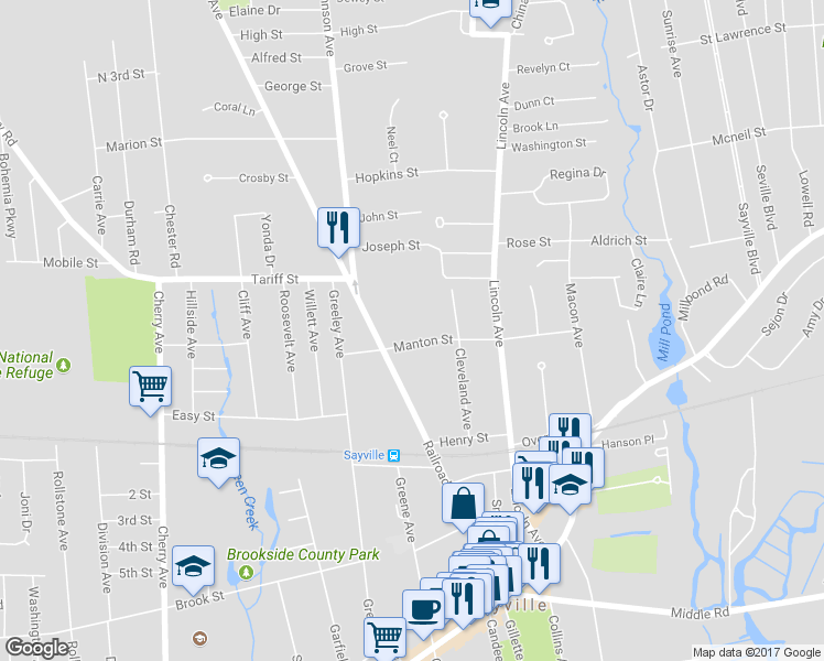 map of restaurants, bars, coffee shops, grocery stores, and more near 57 Manton Street in Sayville