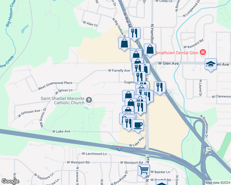 map of restaurants, bars, coffee shops, grocery stores, and more near 2704 West Eugenia Avenue in Peoria