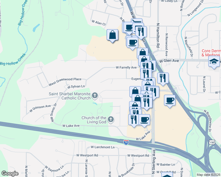 map of restaurants, bars, coffee shops, grocery stores, and more near 2910 Eugenie Avenue in Peoria