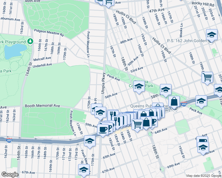 map of restaurants, bars, coffee shops, grocery stores, and more near 50-3 185th Street in Queens