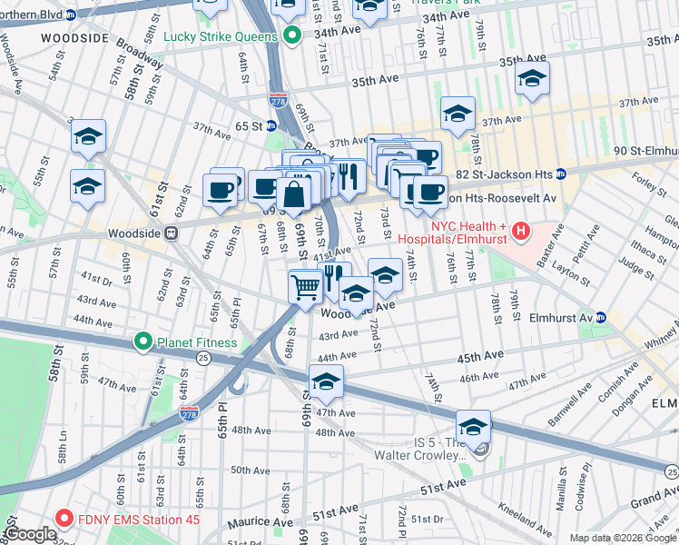 map of restaurants, bars, coffee shops, grocery stores, and more near 41-28 71st Street in Queens