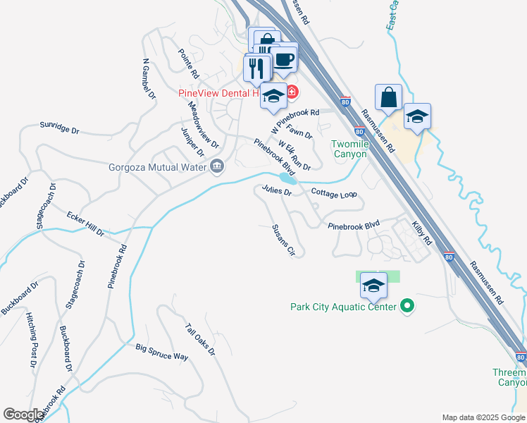 map of restaurants, bars, coffee shops, grocery stores, and more near 7813 Susans Circle in Park City