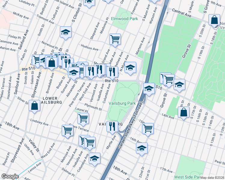 map of restaurants, bars, coffee shops, grocery stores, and more near 17 South Munn Avenue in Newark