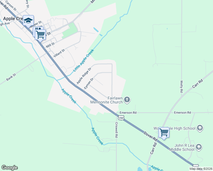 map of restaurants, bars, coffee shops, grocery stores, and more near 377 Spring Run Drive in Apple Creek