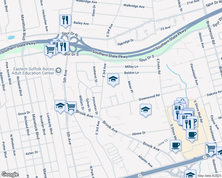 map of restaurants, bars, coffee shops, grocery stores, and more near 1415 East 3rd Avenue in Bay Shore