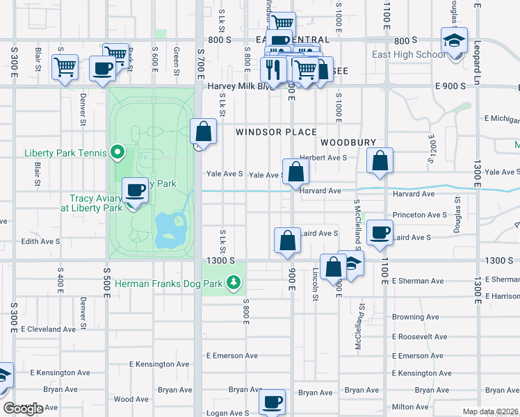 map of restaurants, bars, coffee shops, grocery stores, and more near 825 Princeton Avenue South in Salt Lake City