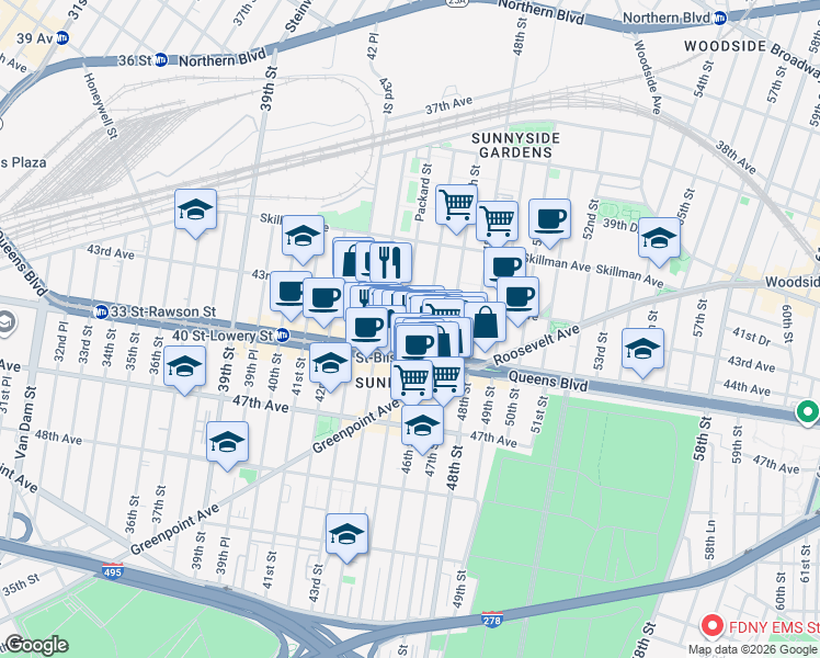 map of restaurants, bars, coffee shops, grocery stores, and more near 43-31 45th Street in Queens