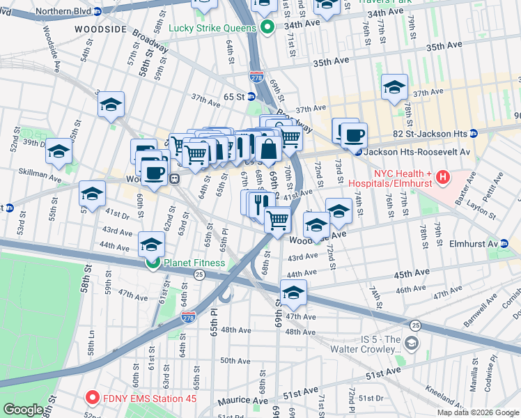 map of restaurants, bars, coffee shops, grocery stores, and more near 41-14 68th Street in Queens