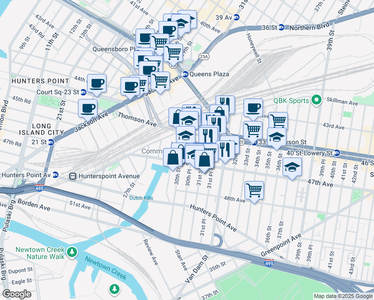 map of restaurants, bars, coffee shops, grocery stores, and more near 30-20 Thomson Avenue in Queens