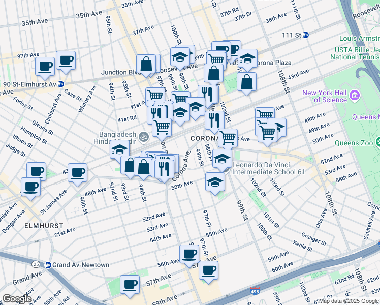 map of restaurants, bars, coffee shops, grocery stores, and more near 45-22 97th Place in Queens