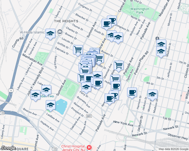 map of restaurants, bars, coffee shops, grocery stores, and more near 50 Cambridge Avenue in Jersey City