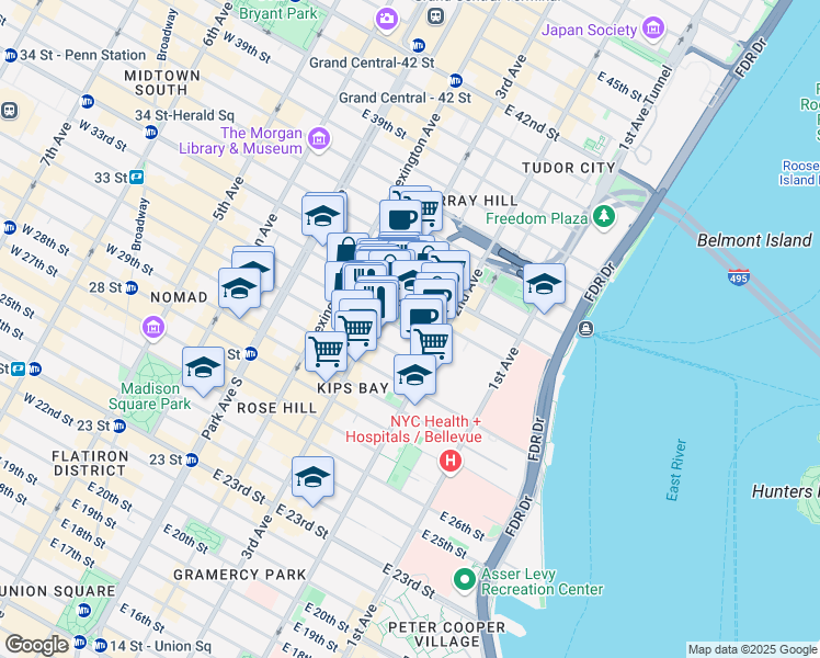 map of restaurants, bars, coffee shops, grocery stores, and more near 251 East 32nd Street in New York