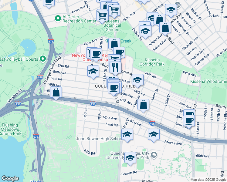 map of restaurants, bars, coffee shops, grocery stores, and more near 58-42 Main Street in Queens
