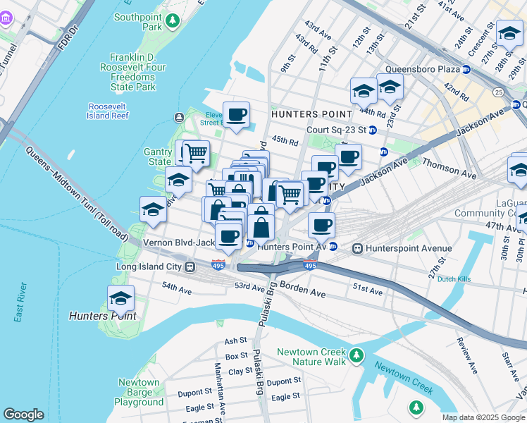 map of restaurants, bars, coffee shops, grocery stores, and more near 10-12 47th Road in Queens