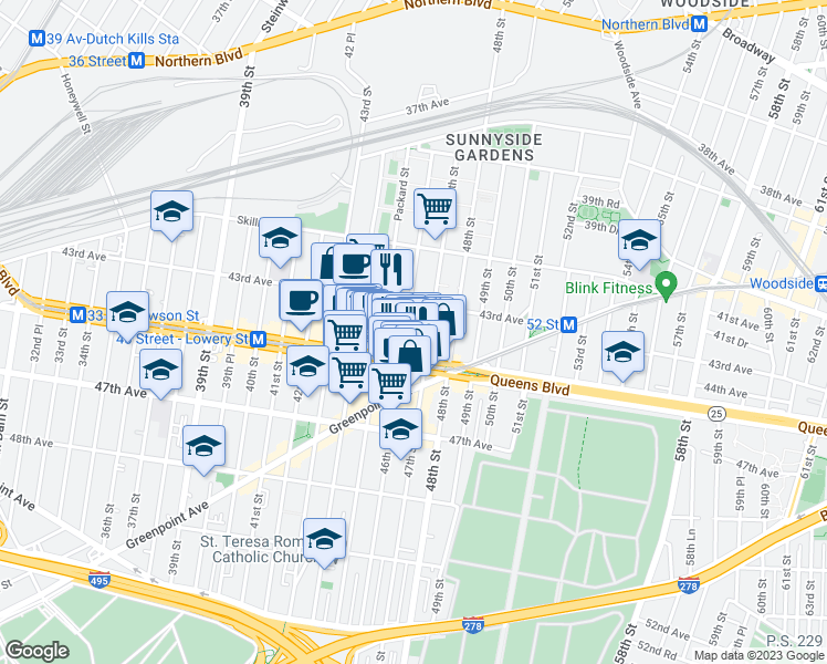 map of restaurants, bars, coffee shops, grocery stores, and more near 46-16 43rd Avenue in Queens