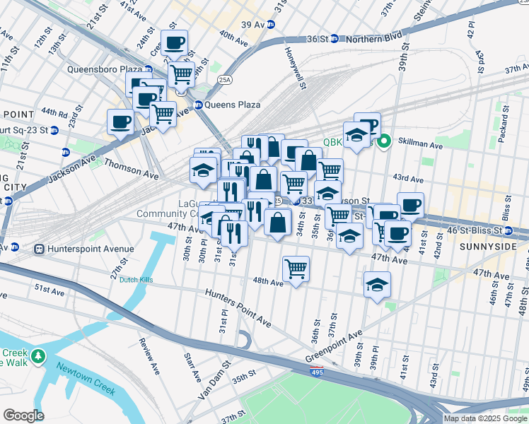 map of restaurants, bars, coffee shops, grocery stores, and more near 3202 Queens Boulevard in Queens