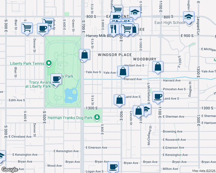 map of restaurants, bars, coffee shops, grocery stores, and more near 825 Princeton Avenue South in Salt Lake City