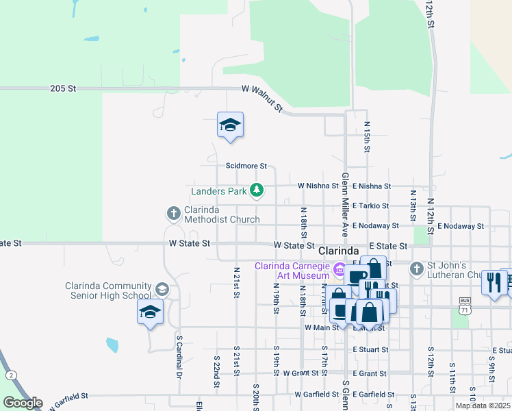map of restaurants, bars, coffee shops, grocery stores, and more near 501 West Tarkio Street in Clarinda