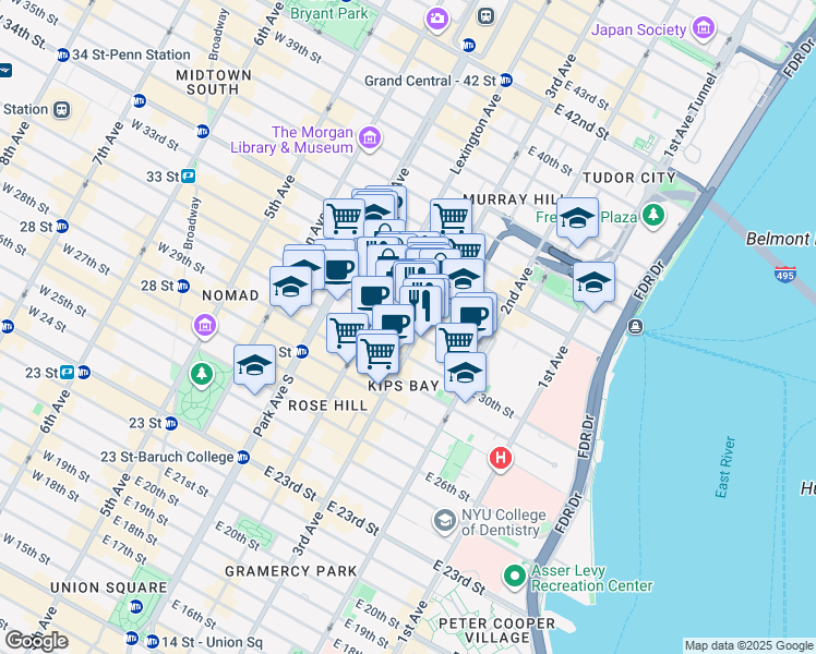 map of restaurants, bars, coffee shops, grocery stores, and more near in New York