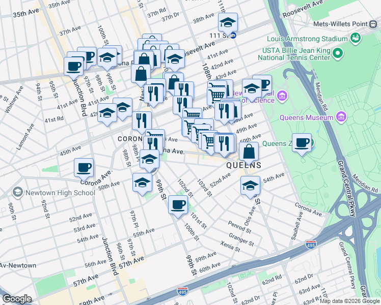 map of restaurants, bars, coffee shops, grocery stores, and more near 102-48 Nicolls Avenue in Queens