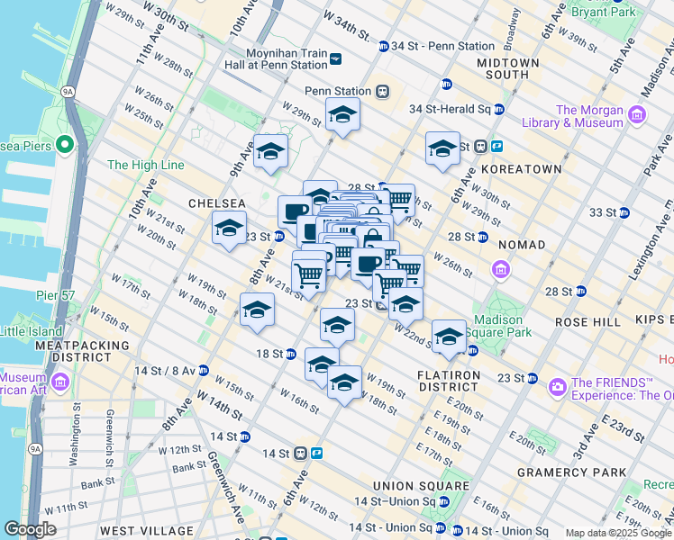 map of restaurants, bars, coffee shops, grocery stores, and more near West 23rd Street in New York