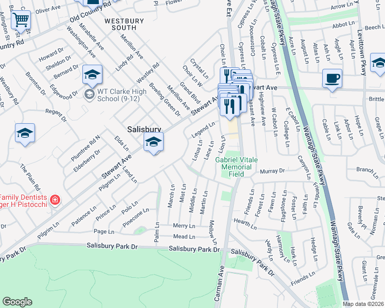 map of restaurants, bars, coffee shops, grocery stores, and more near 17 Lotus Lane in Westbury