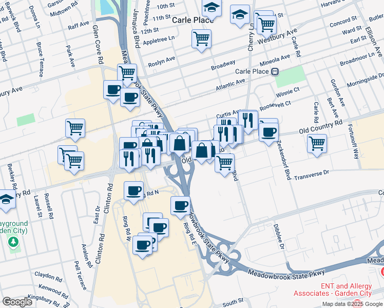 map of restaurants, bars, coffee shops, grocery stores, and more near 235 Lansdowne Avenue in Carle Place