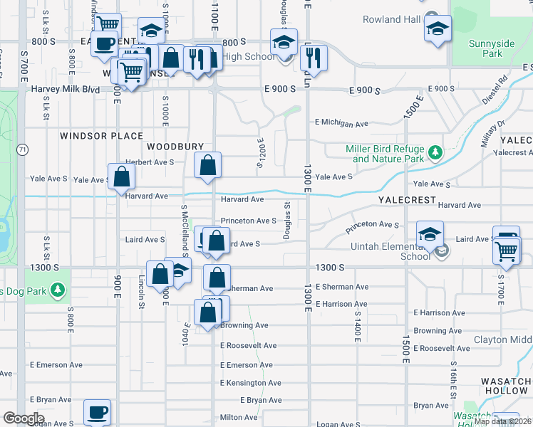 map of restaurants, bars, coffee shops, grocery stores, and more near 1202 Harvard Avenue in Salt Lake City