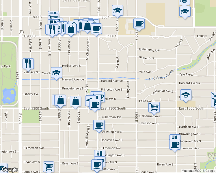 map of restaurants, bars, coffee shops, grocery stores, and more near 1150 Harvard Avenue in Salt Lake City