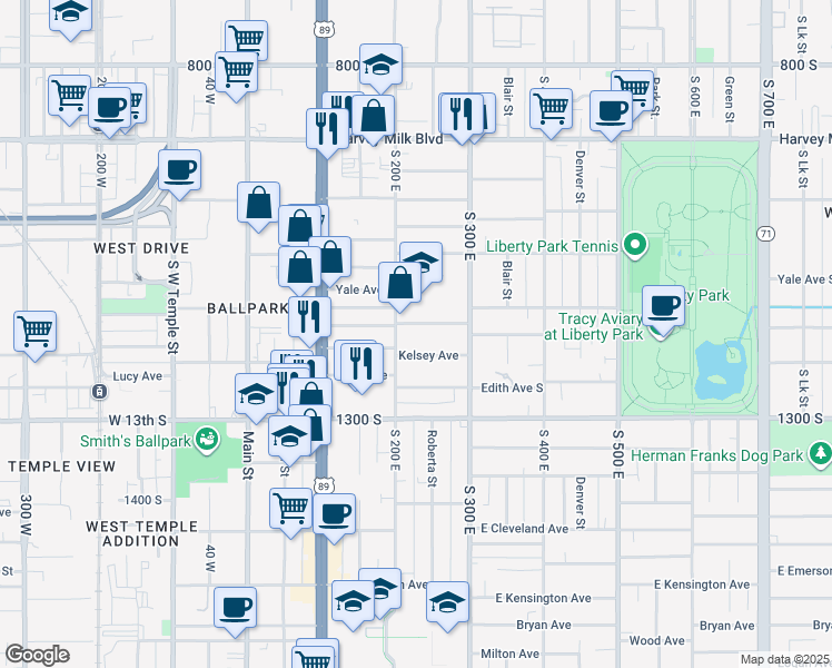 map of restaurants, bars, coffee shops, grocery stores, and more near 205 Hampton Avenue South in Salt Lake City