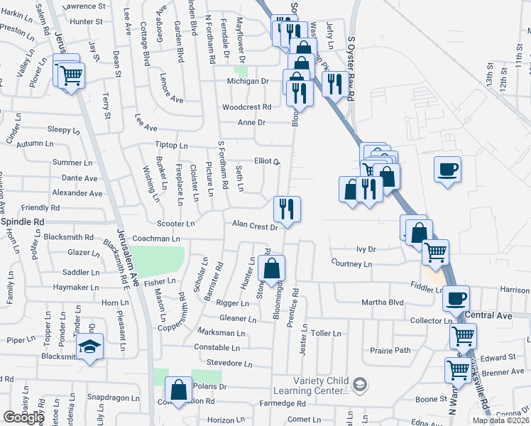 map of restaurants, bars, coffee shops, grocery stores, and more near 22 Scooter Lane in Hicksville