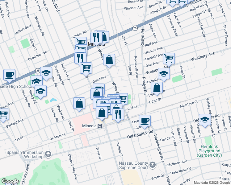map of restaurants, bars, coffee shops, grocery stores, and more near 156 Willis Avenue in Mineola
