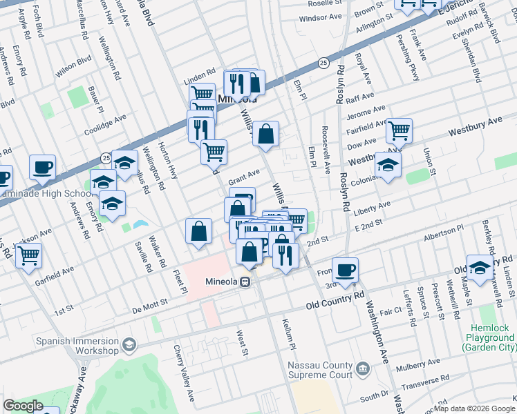 map of restaurants, bars, coffee shops, grocery stores, and more near 162 Cleveland Avenue in Mineola