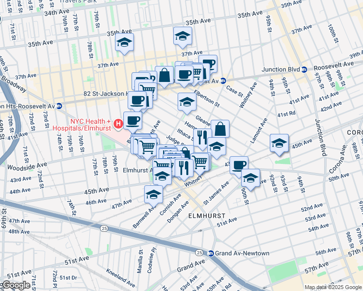 map of restaurants, bars, coffee shops, grocery stores, and more near 41-42 Ithaca Street in Queens