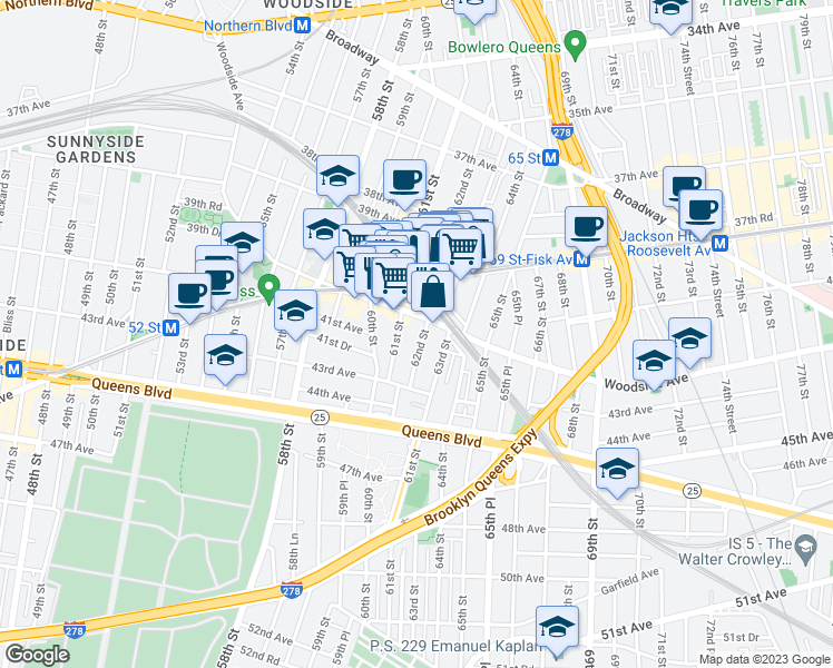 map of restaurants, bars, coffee shops, grocery stores, and more near in Queens
