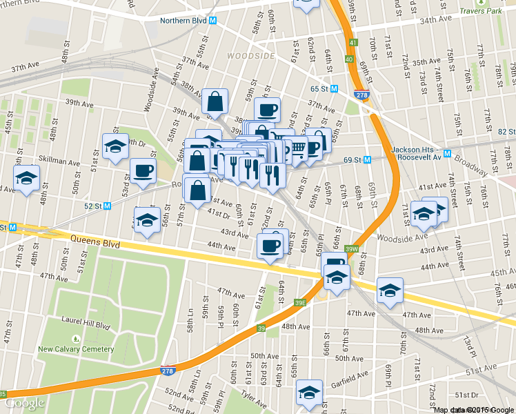map of restaurants, bars, coffee shops, grocery stores, and more near 61-04 Woodside Avenue in Queens