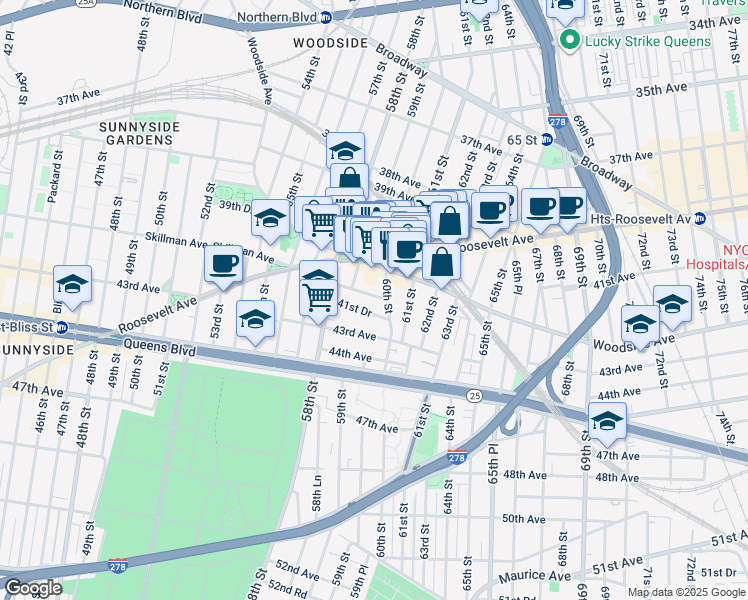 map of restaurants, bars, coffee shops, grocery stores, and more near 59-23 41st Avenue in Queens