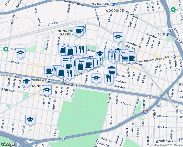 map of restaurants, bars, coffee shops, grocery stores, and more near in Queens