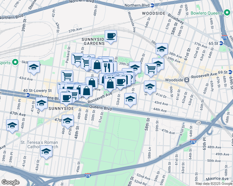 map of restaurants, bars, coffee shops, grocery stores, and more near 5217 Roosevelt Avenue in Queens