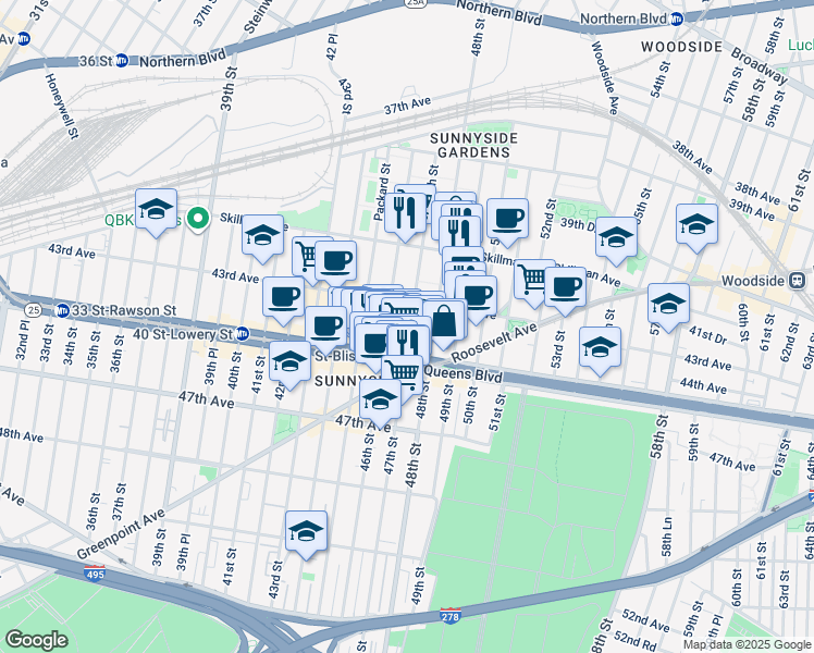 map of restaurants, bars, coffee shops, grocery stores, and more near 47-12 43rd Avenue in Queens